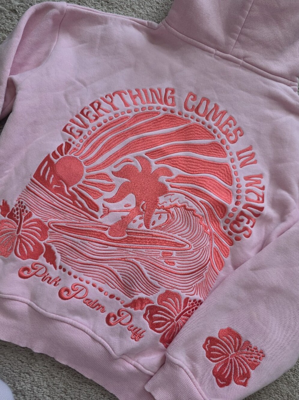 Pink Palm Puff Hoodie  - Everything Comes in Waves XS